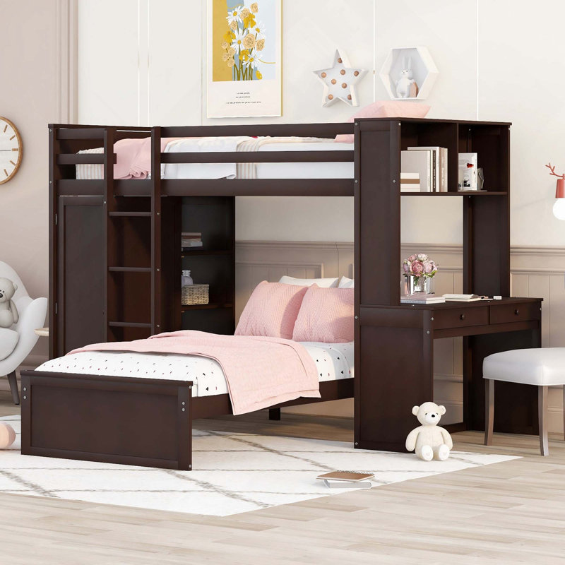 Lit mezzanine avec lit simple autoportant, tablettes, bureau et garde-robe, Twin, Espresso