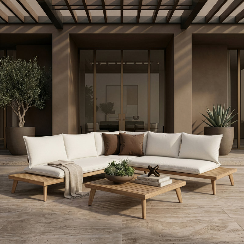 Tavira - Ensemble de canapé modulaire d'extérieur en tissu blanc cassé + canapé d'eucalyptus + table basse