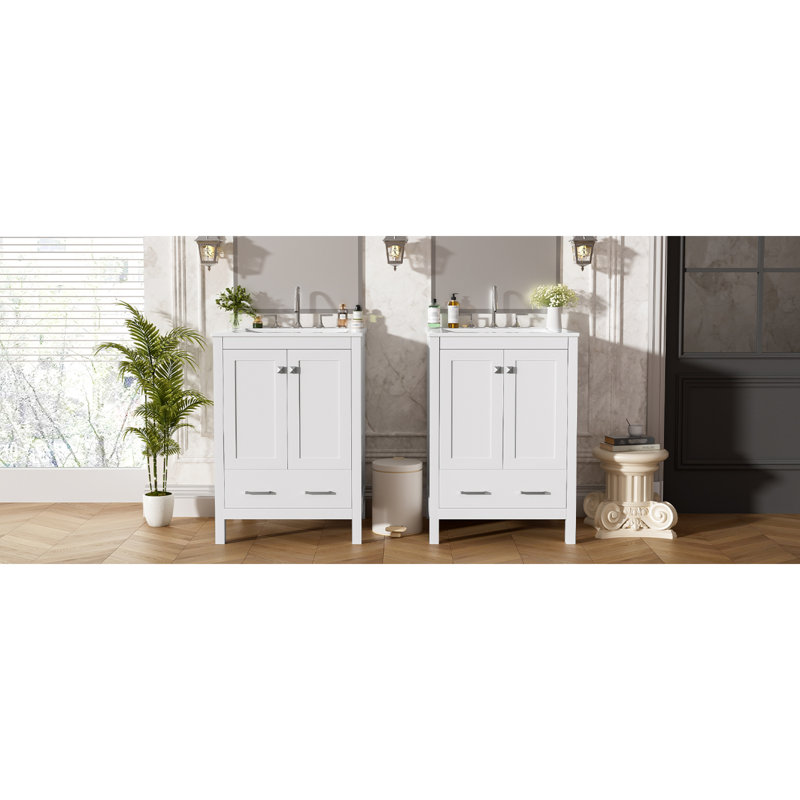 de salle de bain blanc de 4 pouces avec lavabo encastré, portes à fermeture en douceur et grand espace de rangement - Conception élégante pour les salles de bain de taille moyenne à grande