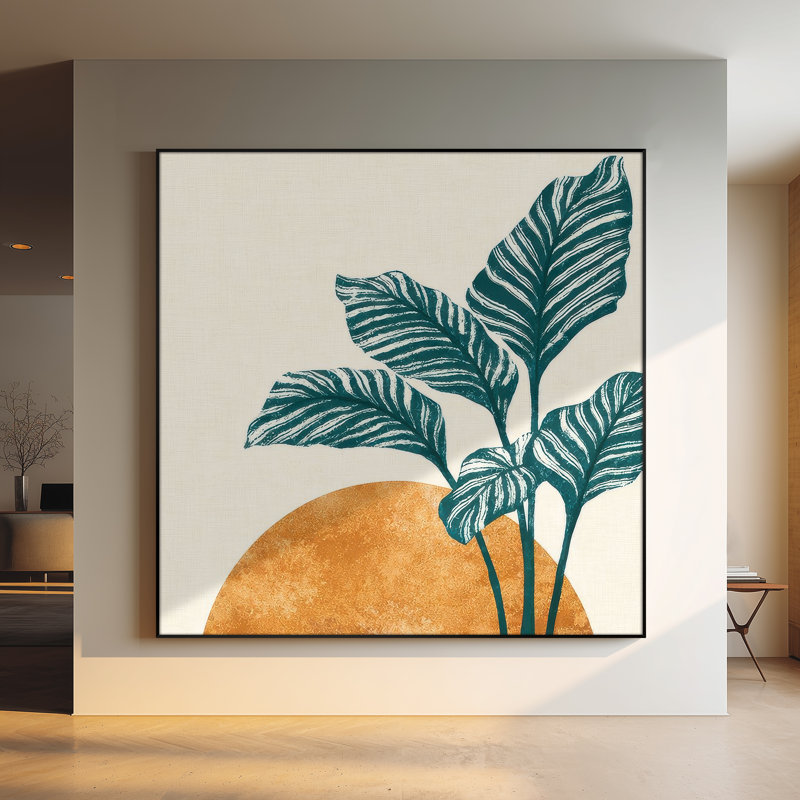 Très grand art mural imprimé sur toile - Feuille tropicale minimale avec accent de soleil doré pour chambre à coucher moderne - «Assemblage requis du cadre (cadre non fini)»