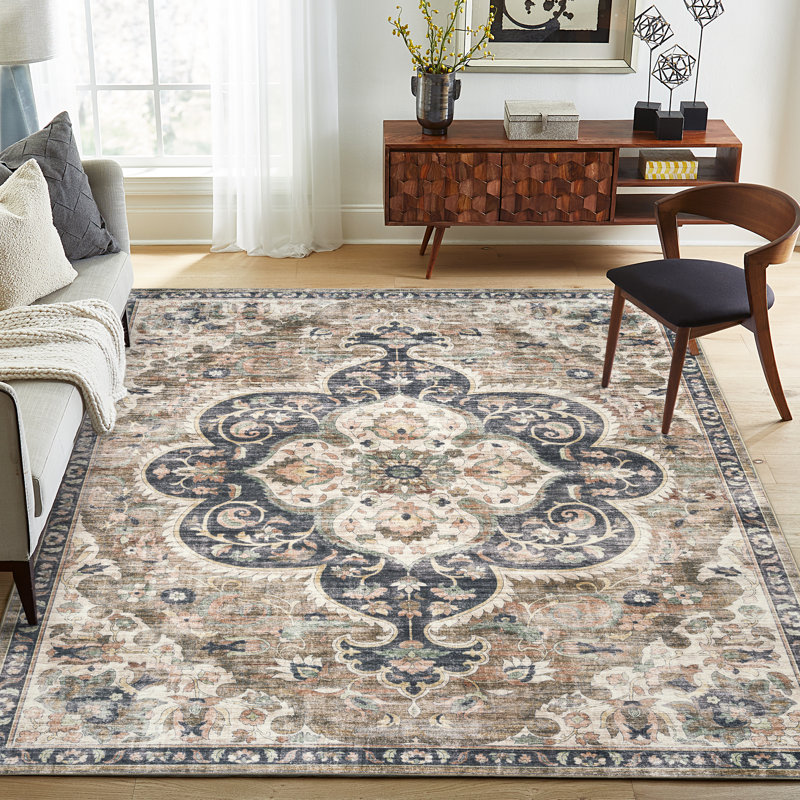 Lefkothea Joy Vintage Machine Washable Area Rug, Rectangle 3' x 5', Brown Beige