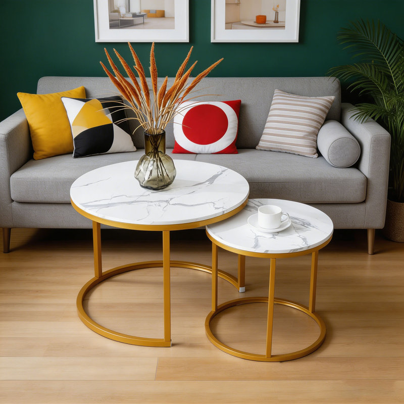 Round Nesting Coffee Table, White/Gray, Gold, Marble