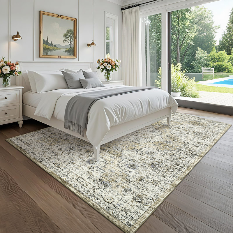 Washable 8x10 Boho Vintage Area Rugs for Living Room Non-Slip Distressed Large Rugs for Bedroom Dining Nursery Neutral Oriental Throw Thin Foldable Carpet for Playroom Vintage Carpet, Brown Yellow
