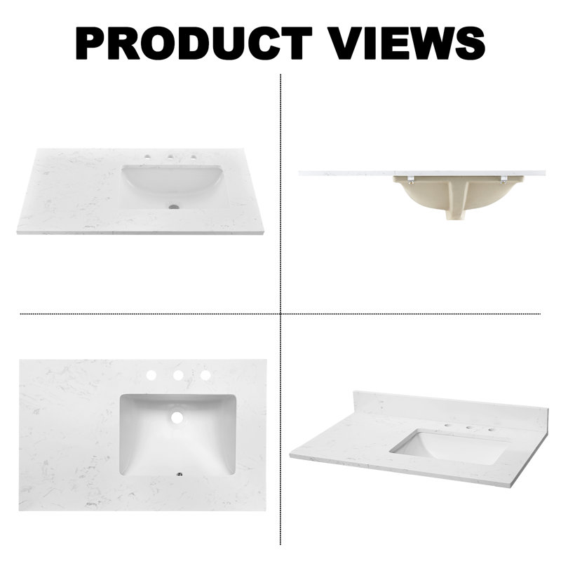 36" Engineered marble Single Bathroom Vanity Top In White With Sink in right