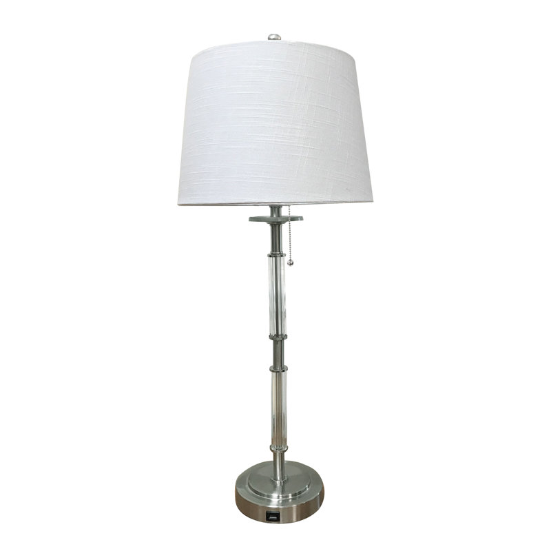 Royal Designs, Inc. 29.5" USB Port Crystal Column Table Lamps Set of 2, Brushed Nickel Finish, Linen White Hardback Shades