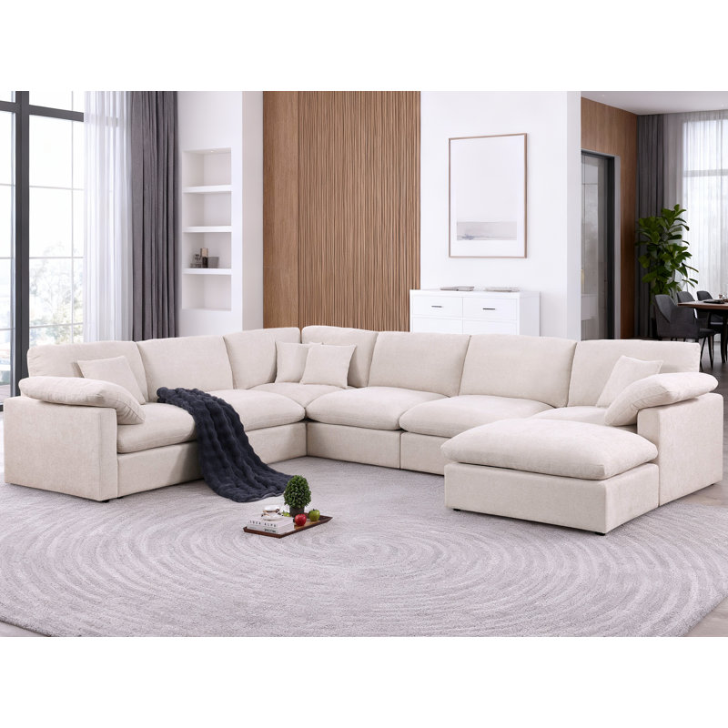Oversized Corner Sectional Modular Sofa, Shariff Chenille Cloud Sectional Living Room Sets, Beige Chenille