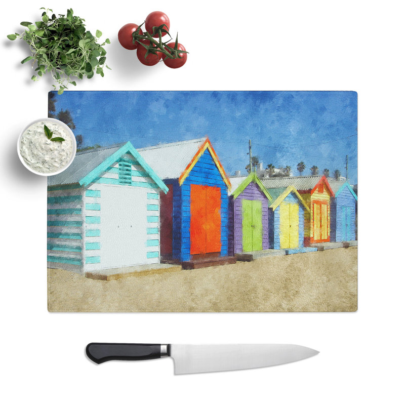 Colourful Beach Huts Painting Chopping Board, 0.4cm H x 20cm W x 28.5cm L