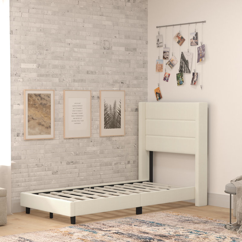 Upholstered Platform Bed with Wingback Headboard, Mattress Foundation with Slatted Supports, Twin, Beige