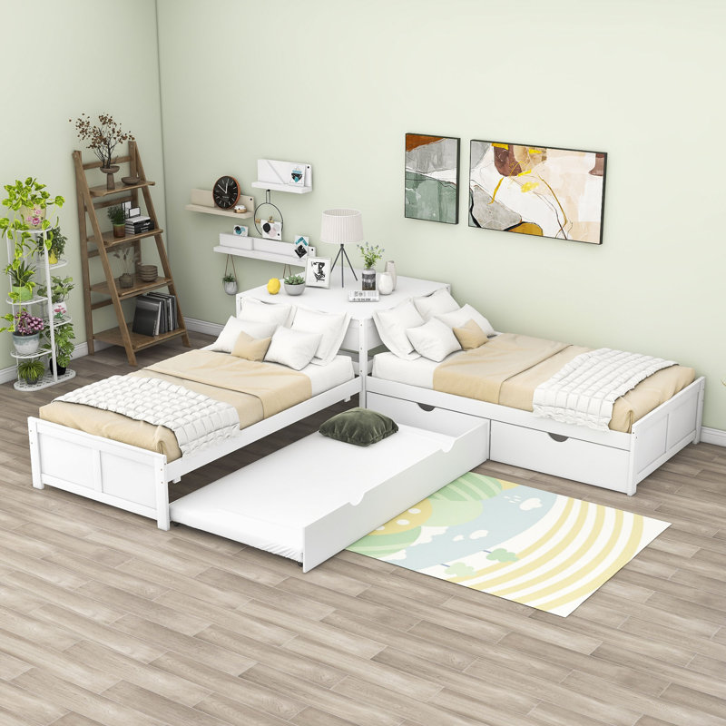 Twin Size 2 Drawers L-shaped Platform Beds with Trundle and Built-in Table, White