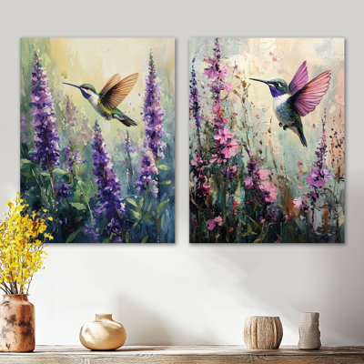 Hummingbird in the Wildflowers I – Purple Birds 2 Piece Metal Wall Decor Prints