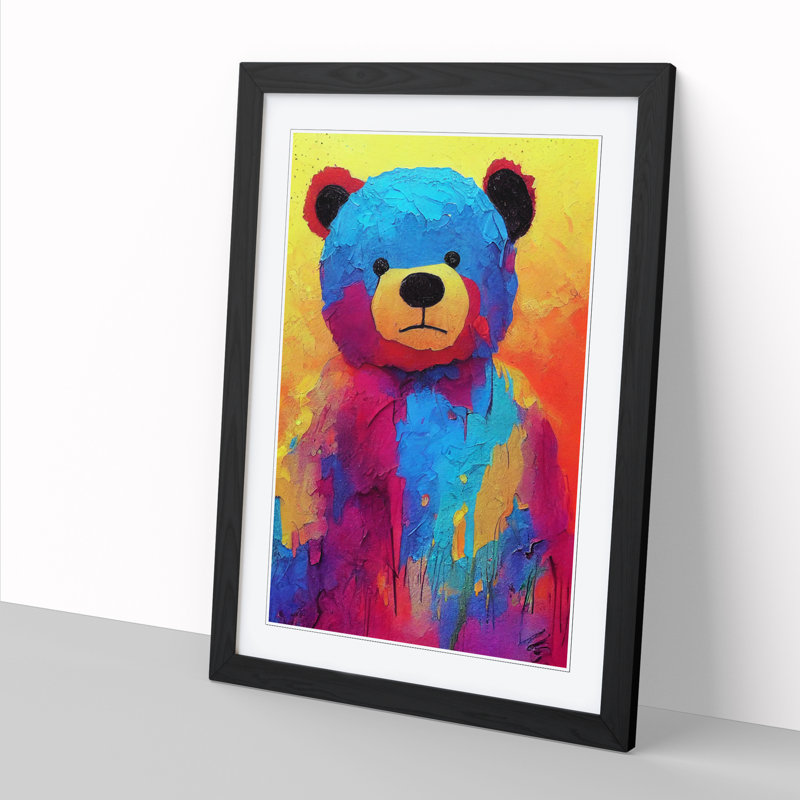 Teddy Bear Crayon Art - Single Picture Frame Print, 46cm H x 34cm W x 2cm D, Oak