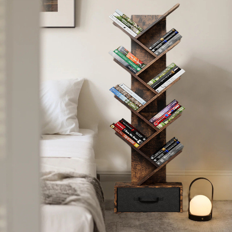 Bibliothèque sur pied à 9 niveaux avec tiroir, tablettes de rangement pour livres modernes