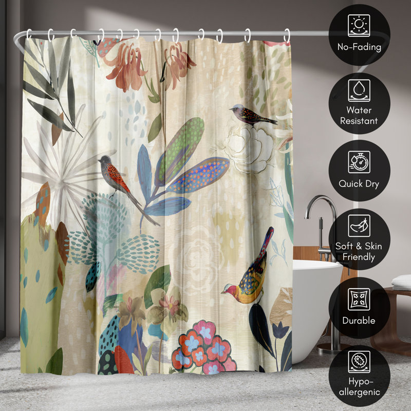 Sepia Orange Floral Polyester Shower Curtain with Birds