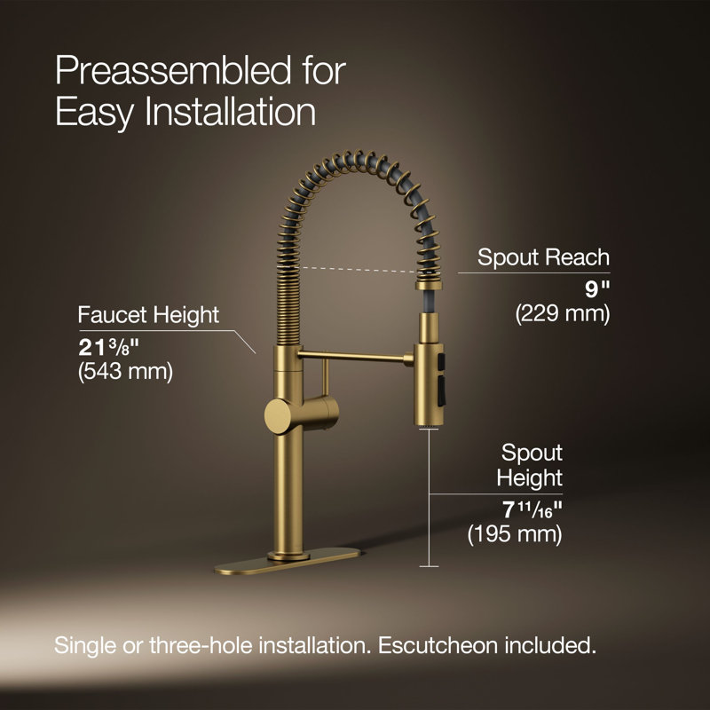 Kohler Crue Single Handle Semi-Professional Pre-Rinse Kitchen Faucet with Three-Function Pull Down Sprayer, Brass