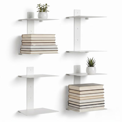 Étagère murale flottante invisible - Étagères métalliques à double niveau avec supports cachés pour livres et décoration, rangement gain de place, installation facile avec quincaillerie incluse - Blanc - Lot de 4
