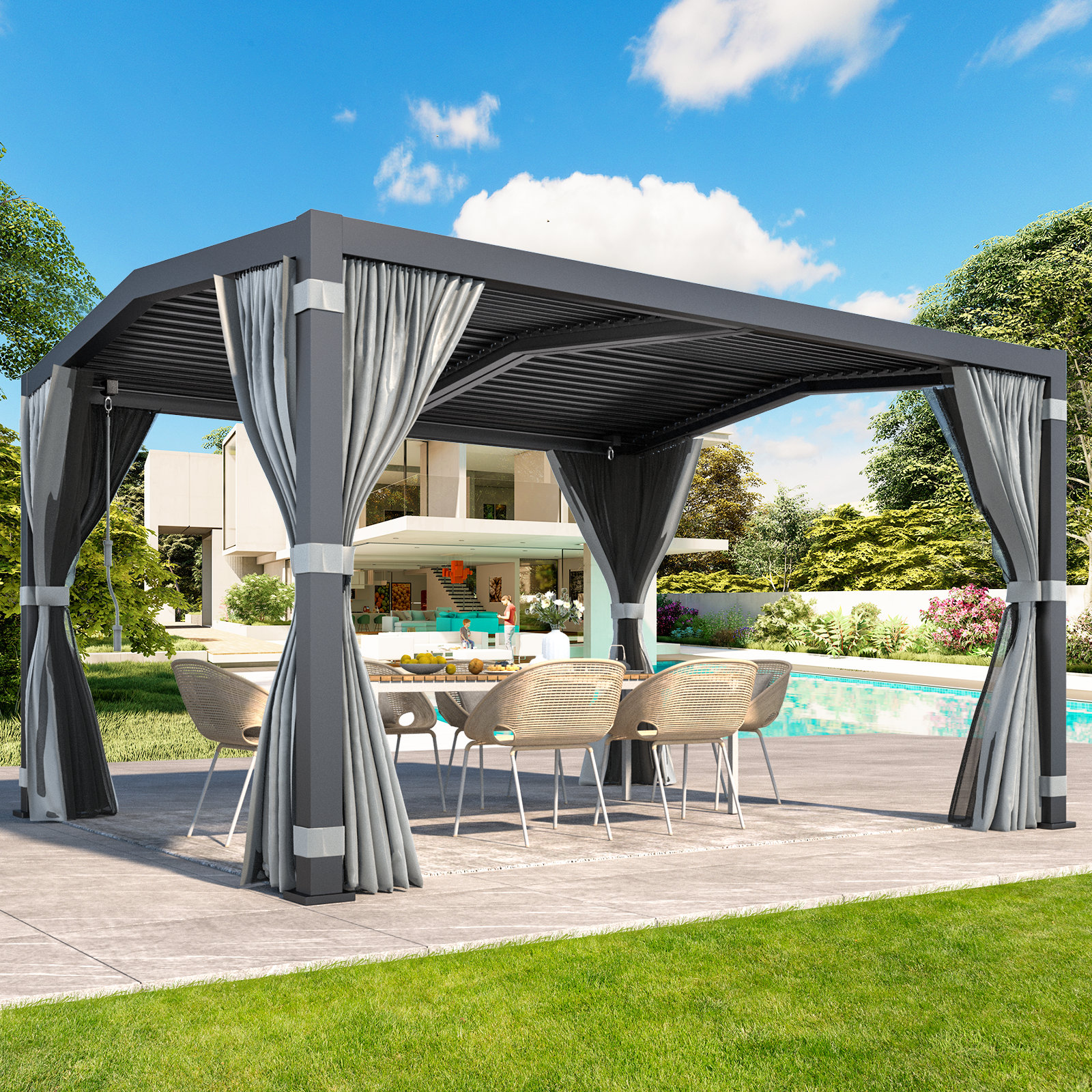 VEIKOUS 13 ft. W x 10 ft. D Aluminum Pergola Outdoor with Dark