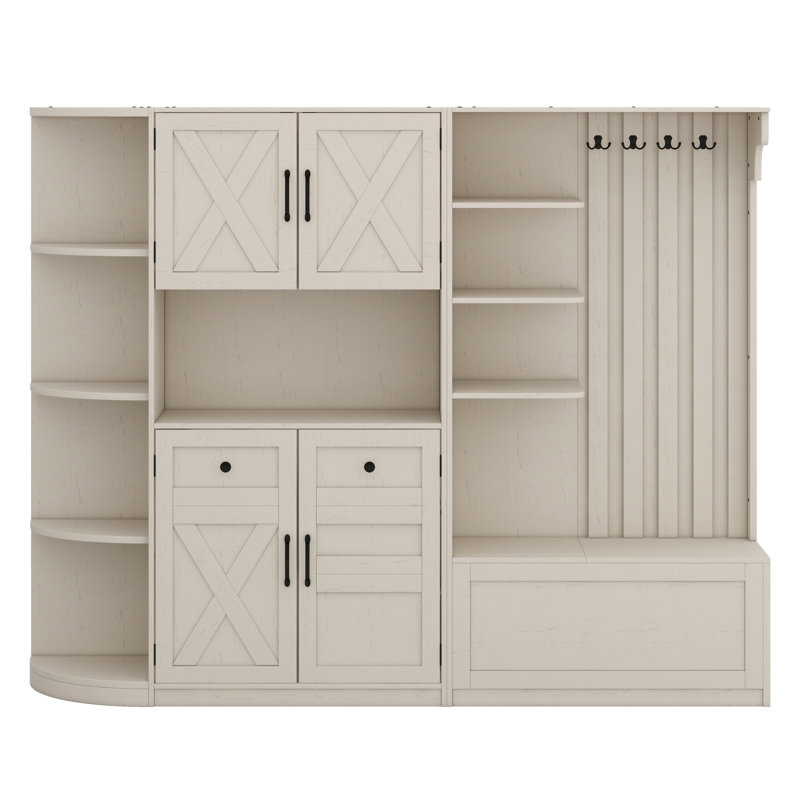 Multifunctional Left-Right Combination Hall Cabinet (Can Be Used Separately) With Storage And 4 Hooks, Storage Cabinet/ Hall Tree 2 In 1 For Living Room, Kitchen And Hallway