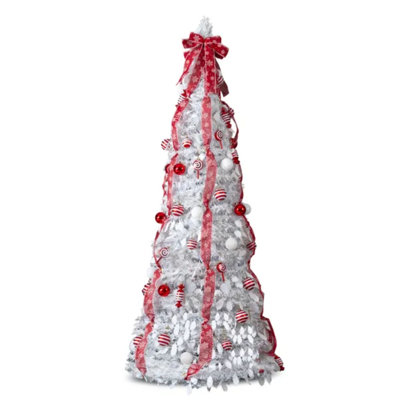 7 FT Fully Decorated Pre-Lit Christmas Tree, Pop Up Artificial Xmas Tree With 170 Warm Lights And Red Ornaments For Home Office Store Holiday Deco, White
