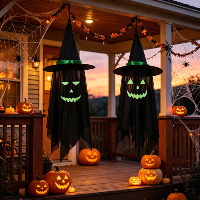 2 Pack Halloween Hanging Decorations Outdoor, Hanging Spooky Ghost with Glowing Face in the Dark, Cute Hanging Decor for Kids' Outdoor Garden, Tree, Porch, Lawn (Set of 2)