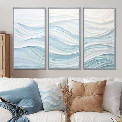 Blue And White Simplicity Wave - Marble Canvas Wall Art Set