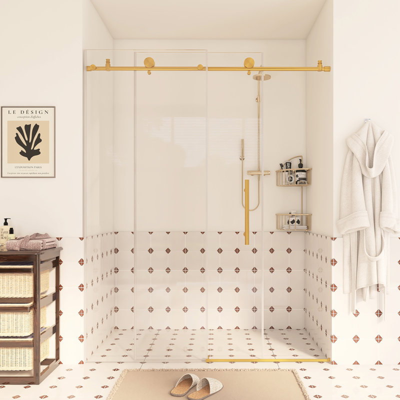 76"H x 56"-60"W Frameless Stainless Steel Sliding Shower Door, Brushed Gold