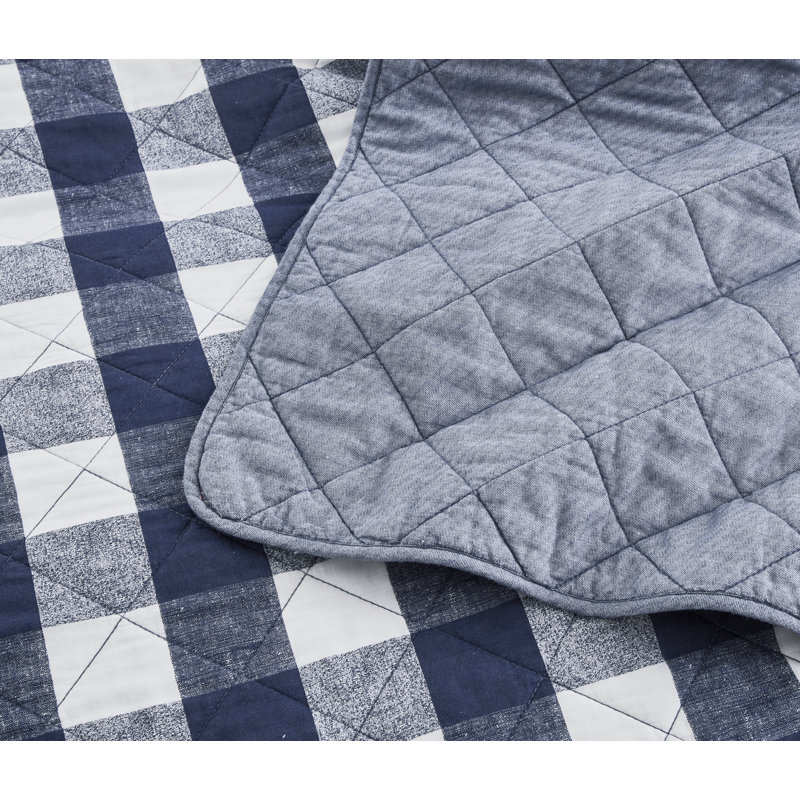 Pre-Washed Cotton Plaid Lightweight Reversible Quilt Set, King Quilt + 2 King Shams, Blue/White