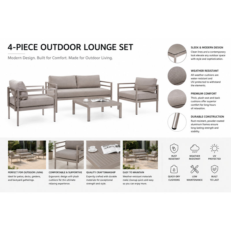 Cold 4 Piece Sofa Set Grey, Silver Frame/Gray Cushion