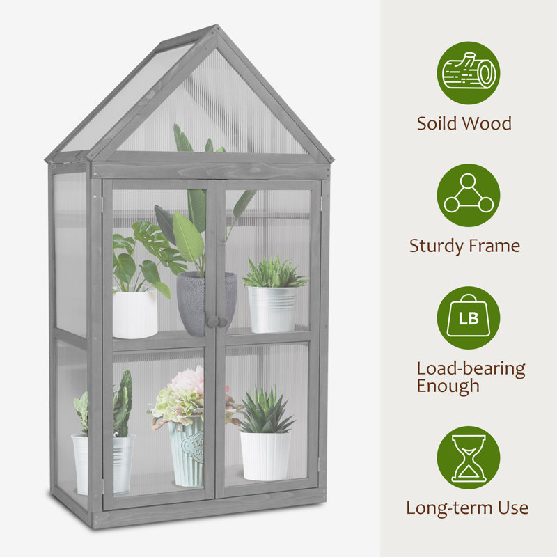 Gray Fir Wood Garden Greenhouse with Adjustable Shelf