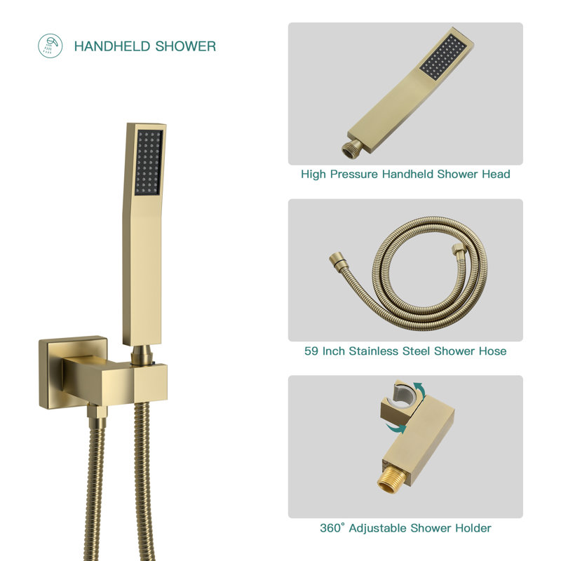 12" Wall Mounted Pressure Balanced Rain Shower System with Handheld Spray, Gold Brushed