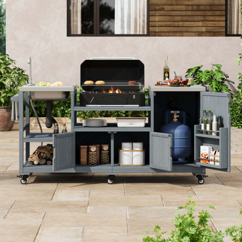 Outdoor Kitchen Island With Sink, Solid Wood Outdoor Grill Cart For XL Egg Grills, Rolling Outdoor Bar Cart With Stainless Steel Top, For Pizza Prep & BBQ