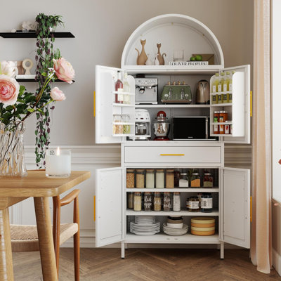 Metal Arched Cabinet, Kitchen Pantry Cabinet With Doors, Modern Farmhouse Arched Bookcase With 1 Drawer And 3 Adjustable Shelves For Living Room, Whit