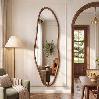 Organic Full Length Mirror With Walnut Solid Wood Frame, Asymmetrical Decorative Wall Mirror For Bedroom, Entryway, Living Room & Dressing Room