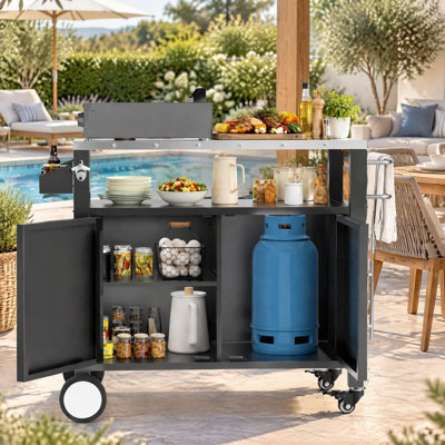 Chariot de barbecue extérieur 96,3 cm x 46 cm avec plateau en acier inoxydable, rangement, crochets et porte-épices, noir