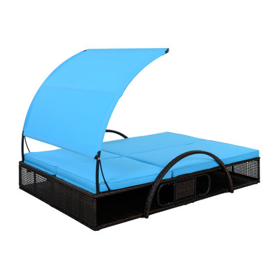 Outdoor Steel Frame Sun Lounger with Adjustable Backrest,Patio Double Sunbed with Hidden Side Table and Arched Armrests