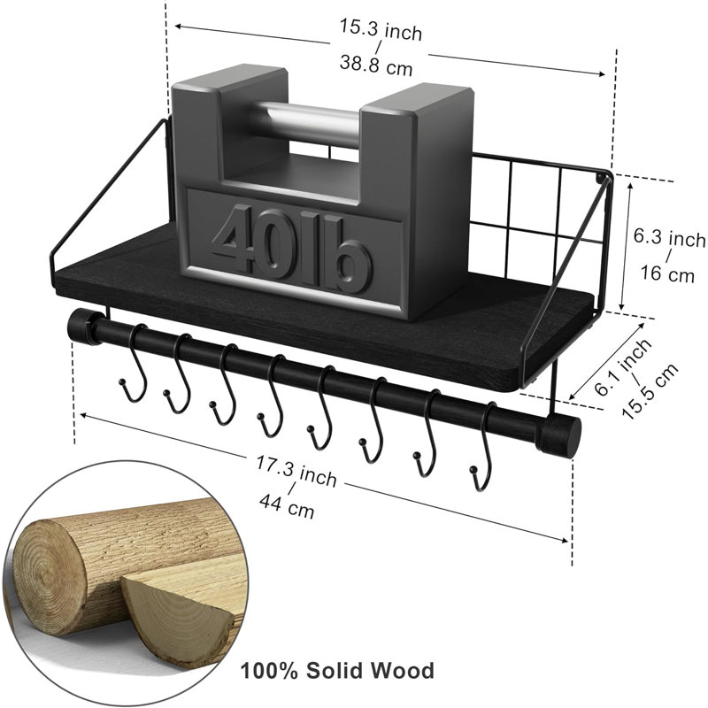 Tablettes flottantes murales avec barre à serviettes et crochets - Tablette en bois rustique pour la cuisine, la salle de bain, la chambre à coucher - Rangement et décoration polyvalents