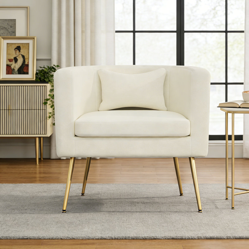 Upholstered Velvet Barrel Chair with Metal Legs, Ivory