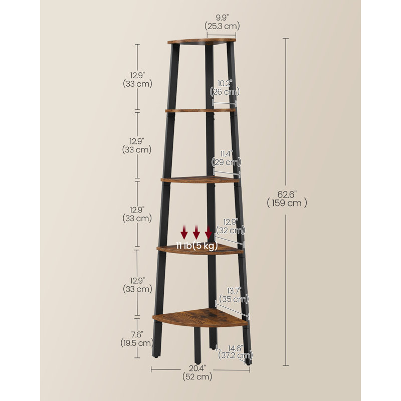 Josh Steel Corner  Bookcase, 62.6" H x 13.4" W x 12.8" D, Brown