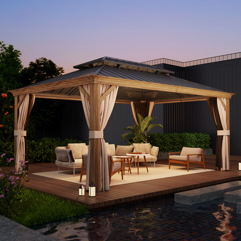 12x16FT Outdoor Hardtop Gazebo With Galvanized Steel Double Roof, Wood Grain Aluminum Frame, 120" H x 144" W x 192" D