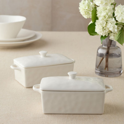 The Linen Cream Set of 2 Rectangular Mini Baker Set of 2 – Lidded Scandinavian Stoneware Terrine Dishes 8.5in 20oz with Knob Finial – Nordic Pâté Pan, Meatloaf & Single-Serve Quick Bread Baker