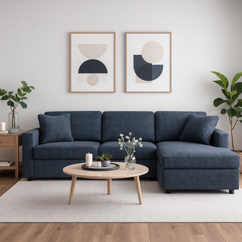 Chobanyan Sectional With Chaise, Polyester bleu, Face à la droite, H 36 po x l 109 po x P 68 po