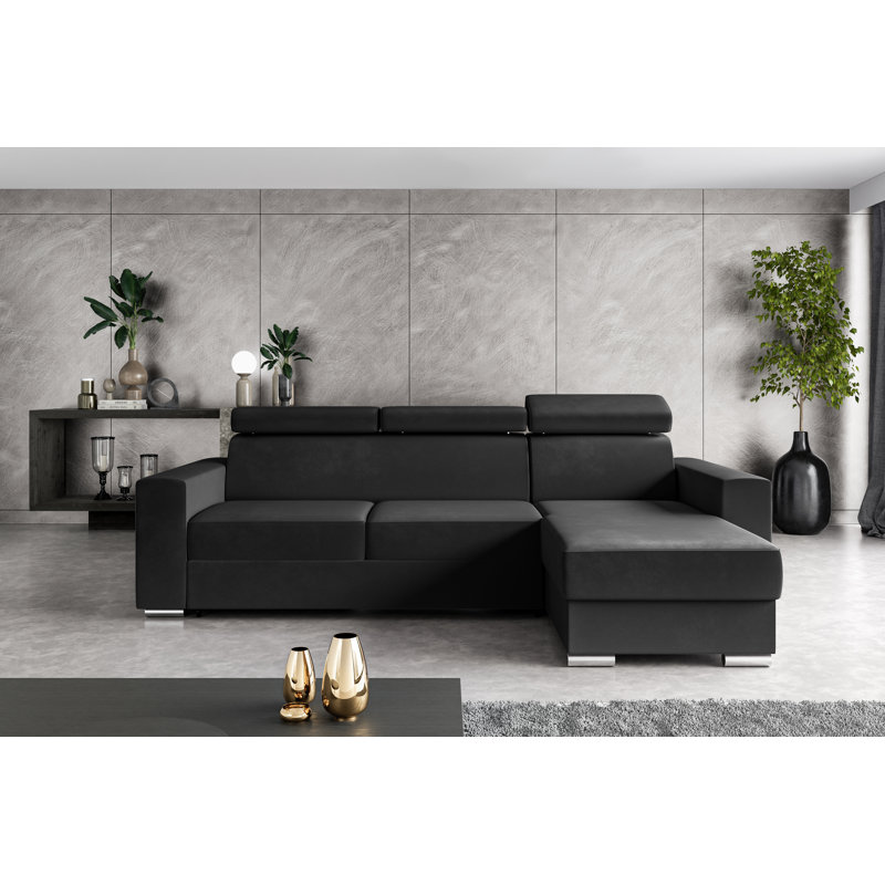 Philbert Corner Sofa Bed, Black Polyester, Right Hand Facing