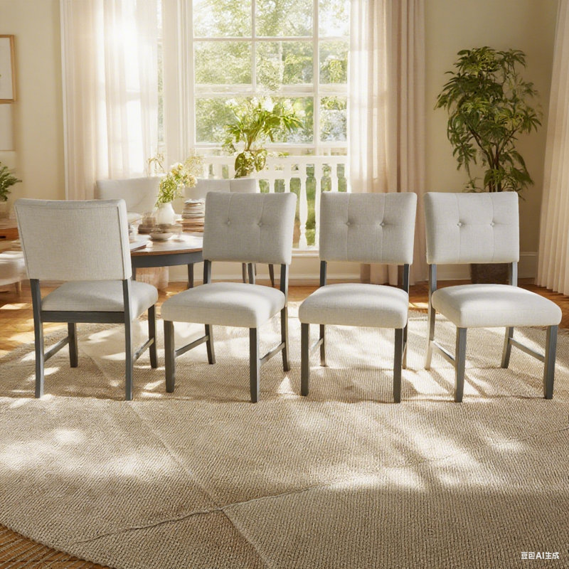 Ensemble de 4 chaises de salle à manger de style campagnard - Revêtement en lin capitonné, pieds en bois d'hévéa massif, capacité de 250 lb - Beige et naturel