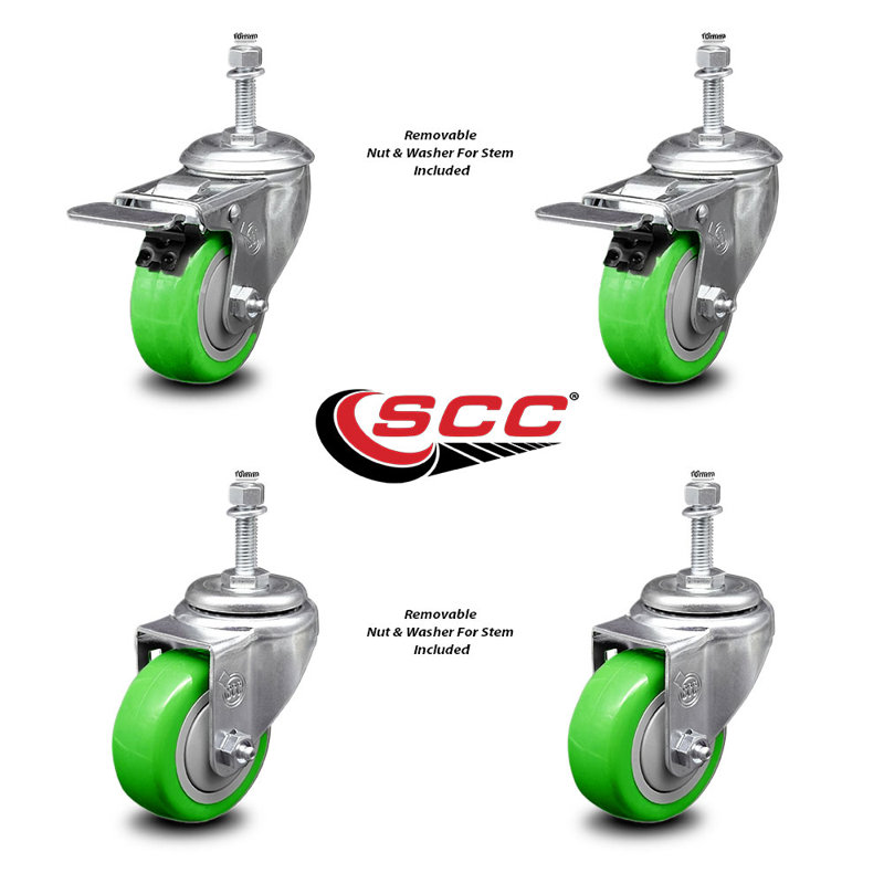 3 Inch SS Orange Polyurethane 10mm Threaded Stem Caster Set 2 Total Lock Brake, Green