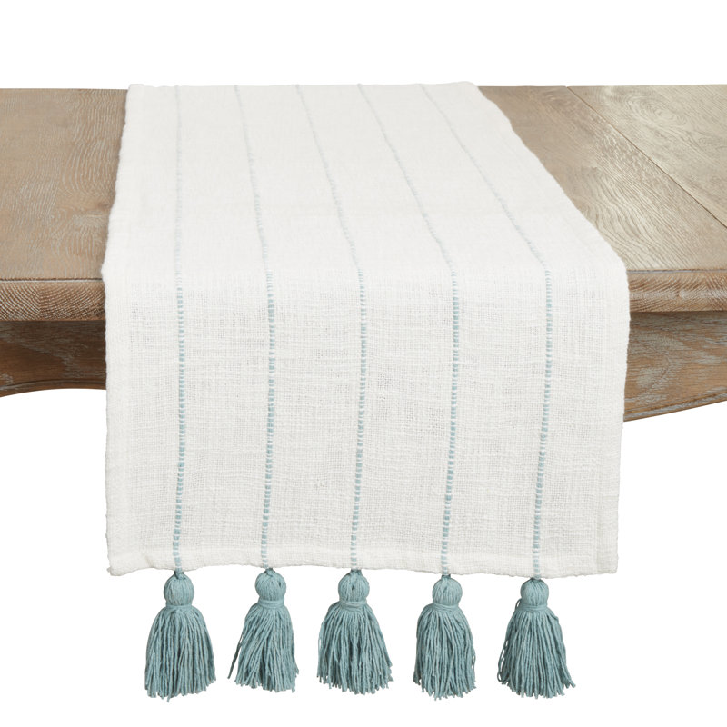 Mint and White Cotton Tassel Stripe Table Runner