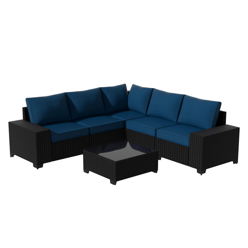 Ensemble de conversation modulaire en rotin de 6 pièces avec accoudoirs larges, Bleu, Black