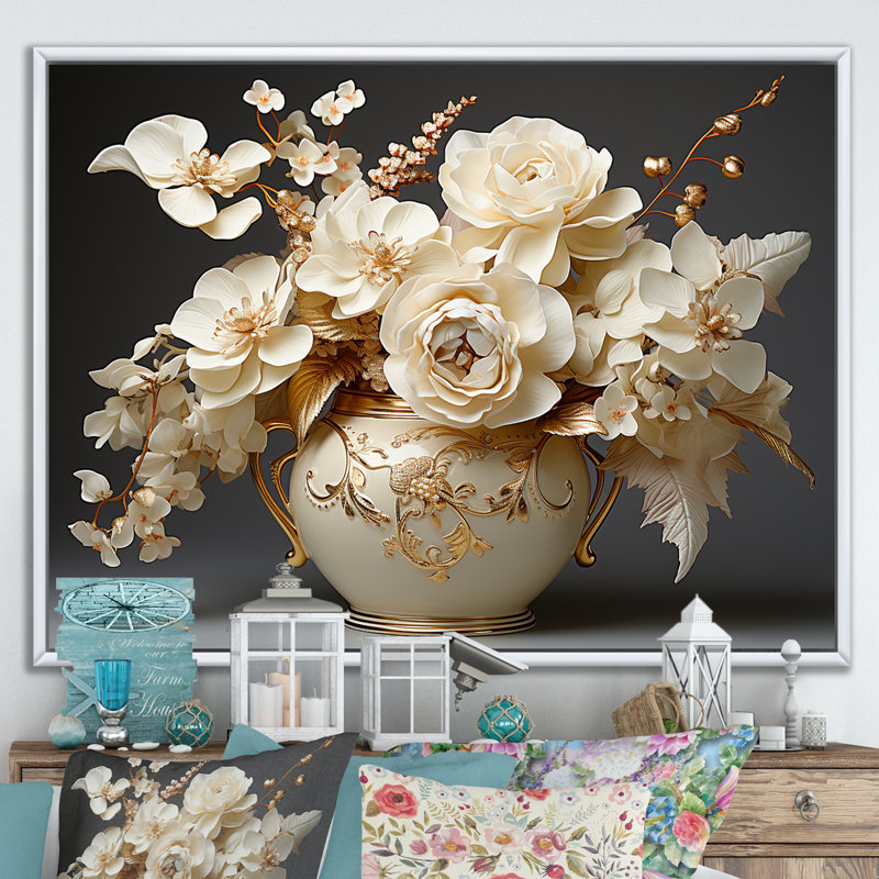 Impression sur toile Baroque Hydrangea blanc et or VII - Hydrangea, H 34 po x l 44 po x P 1,5 po, Cadre flottant blanc