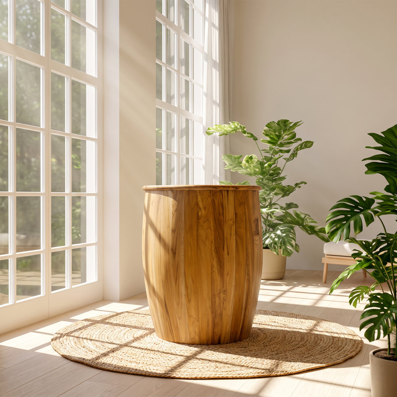 Table d'appoint tambour Evergreen Decor, dessus en bois massif de manguier et de sheesham, 56 cm (L) x 56 cm (P) x 64 cm (H).