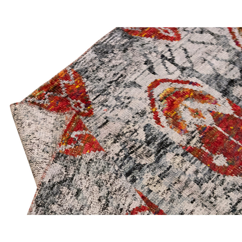 Tapis unique argenté / rouge noué à la main 8 pi x 10 pi