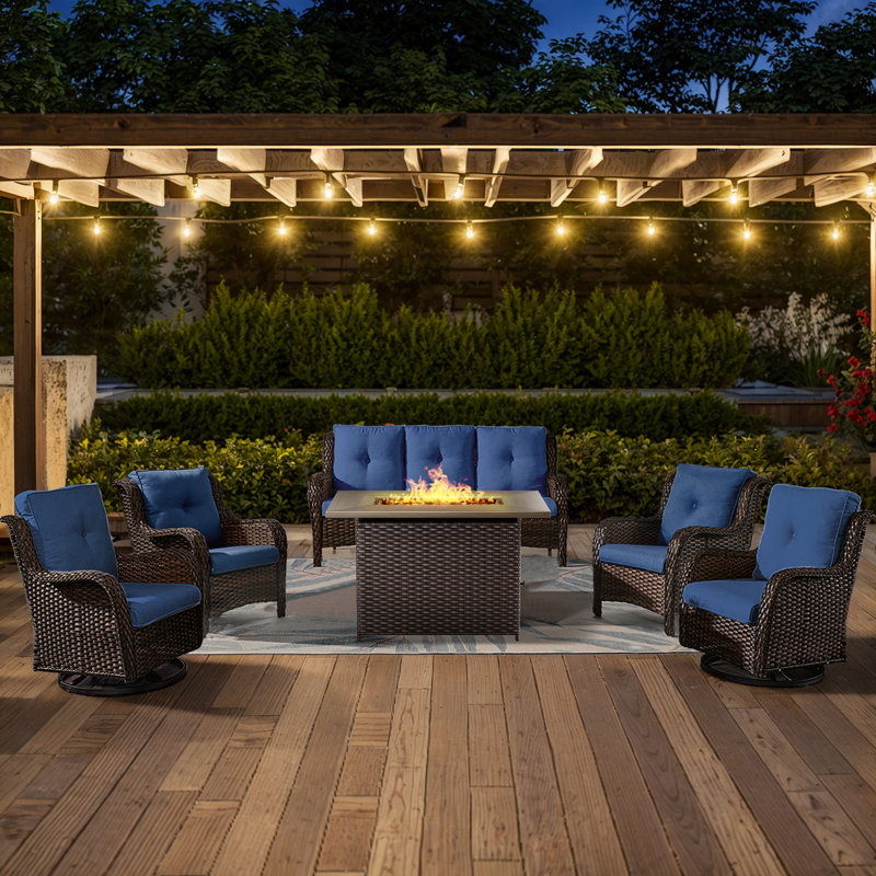 Deb 6-Pieces Outdoor PE Wicker Patio Conversation Set with Fire Pit and Cushions, Blue, Brown