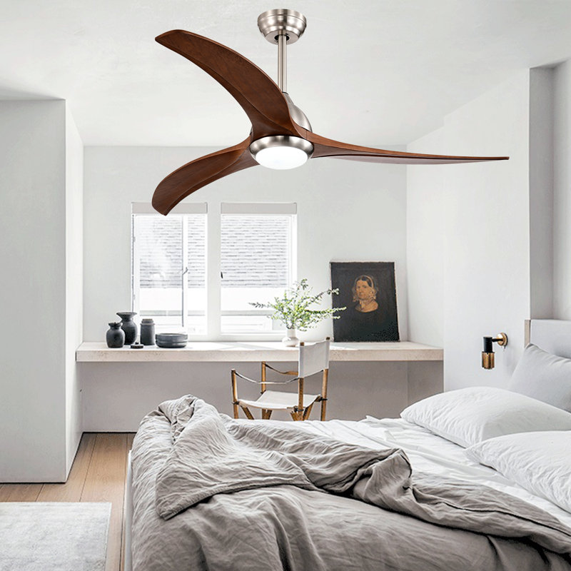Ventilateur de plafond en bois massif 52 po avec lumière et télécommande, 6 vitesses, 3 couleurs, moteur réversible